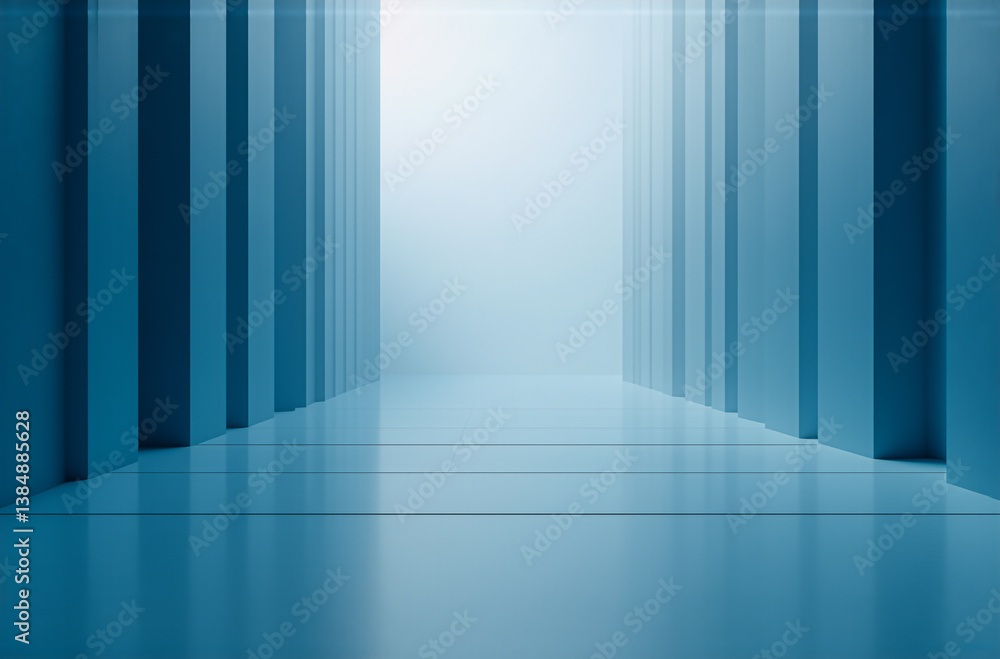 Poster a serene blue corridor with vertical pillars guides the eye to a bright, illuminated end. the reflec