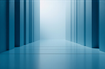 A serene blue corridor with vertical pillars guides the eye to a bright, illuminated end. The reflective floor enhances the sense of depth and modern design.