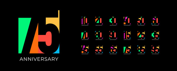 Bright modern birthday anniversary jubilee numbers in pop style. Colorful geometric digits for celebration events, youth branding, milestone years. Fun bold vector illustration