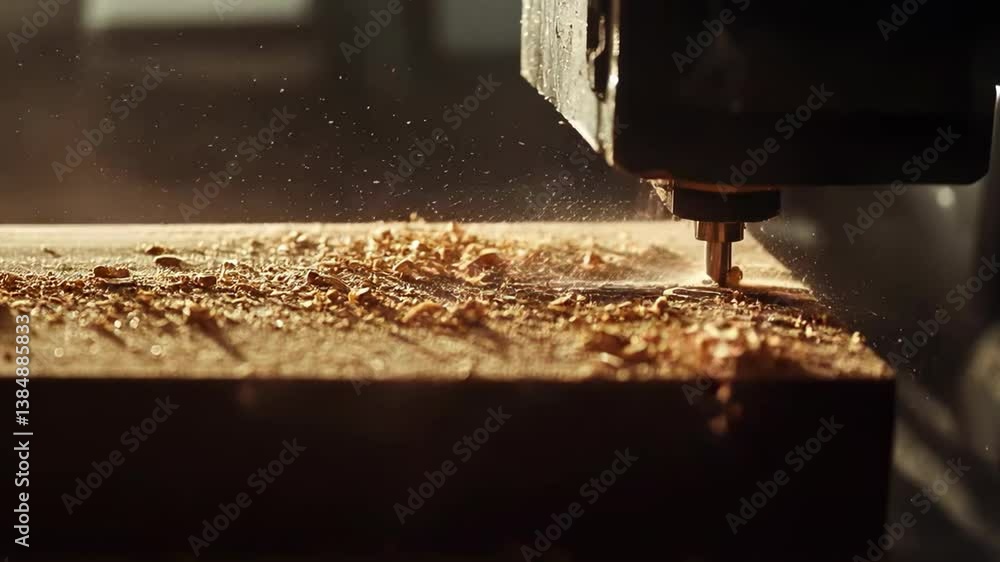 Poster the image shows the process of wood processing on a cnc machine.