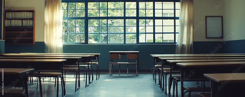 Poster sunlight is illuminating an empty classroom through a large window