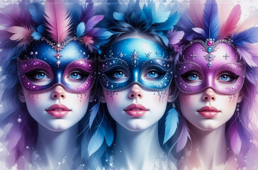 Fototapeta premium Three women with decorative masks and feather headpieces, showcasing vibrant makeup and elegant attire, set against a soft, blurred backdrop.