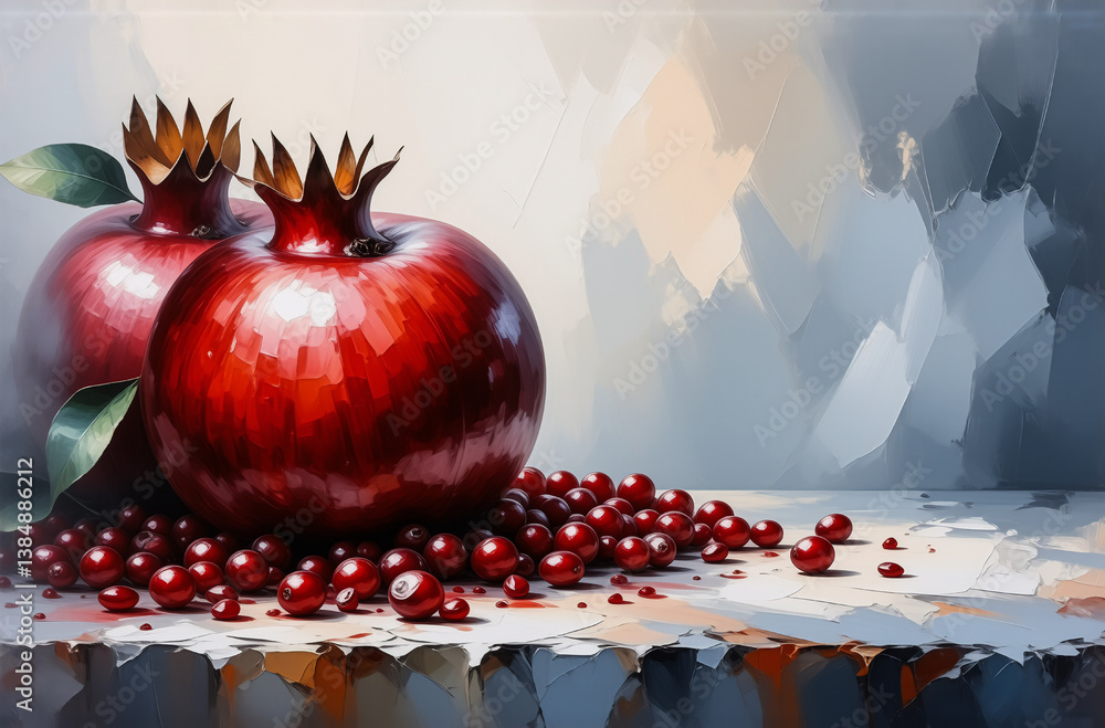Poster two vibrant red pomegranates alongside a pile of juicy seeds are displayed on a white surface with a
