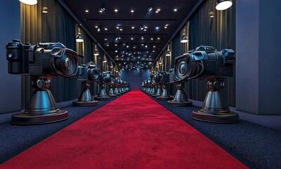 A glamorous red carpet event featuring vintage cameras lining the path in a stylish venue - Powered by Adobe