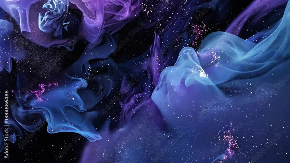Poster mesmerizing abstract cosmic background featuring swirling shades of purple and blue, creating ethere
