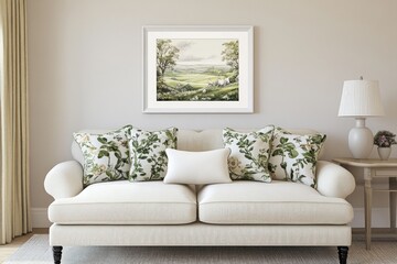 Fototapeta premium Cozy Living Room with Soft Sofa, Green Decorative Cushions, Nature-Inspired Artwork, and Elegant Lighting Elements