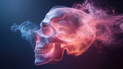 Fototapeta premium A striking skull rendered in vibrant colors, entwined in wisps of smoke, creating a mysterious and haunting visual representation of life and death.