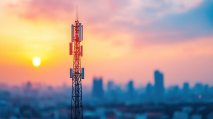Obraz premium Communication Tower Silhouette Against a Colorful Sunset Sky in an Urban Landscape