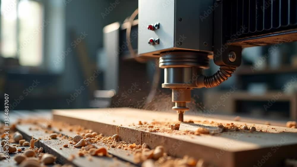 Poster the image shows the process of wood processing on a cnc machine.