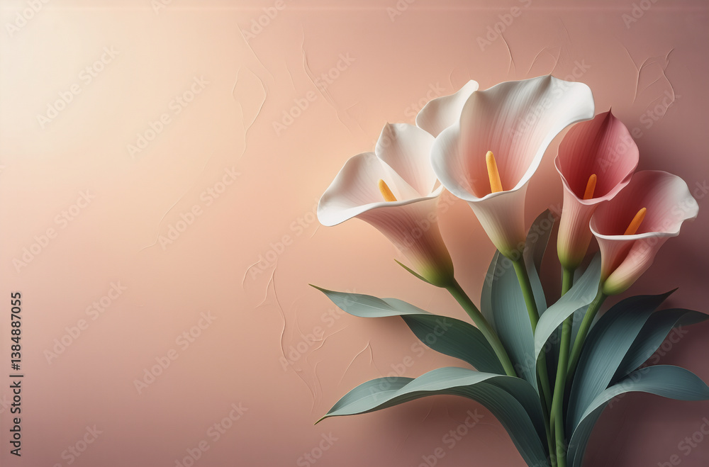 Poster elegant calla lilies with soft pink hues bloom against a textured background, creating a gentle and 
