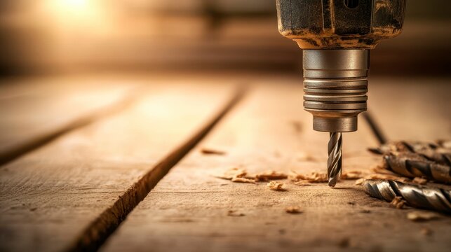Precision in Carpentry: A close-up view showcases a power drill in action, expertly piercing through wood in a carpentry workshop.