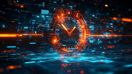 Futuristic Clock Concept with Abstract Digital Background in Blue