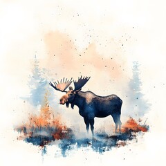 A majestic bull moose stands in a misty forest clea at dawn showcasing its large antlers against a watercolor style background.