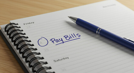 Open Notepad on Wooden Table with Pay Bills Written in Blue Ink and Ballpoint Pen