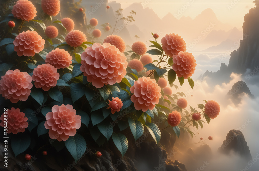 Poster peach flowers bloom on a cliff edge, overlooking misty mountains in a painterly style. soft light an