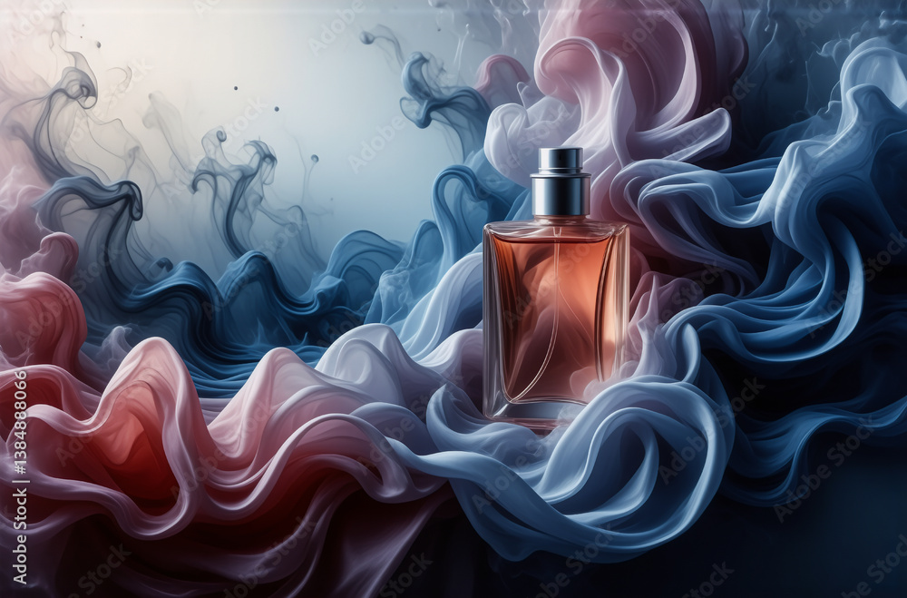 Poster elegant glass bottle of perfume is highlighted by soft, flowing waves of pink and blue smoke, creati