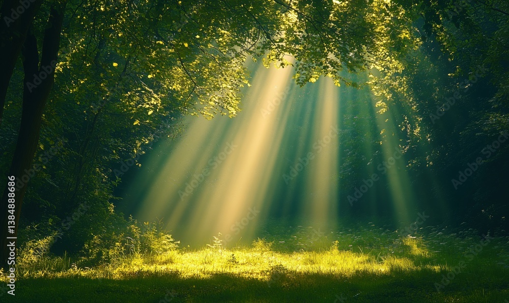 Poster sunlight streaming through trees creating magical forest atmosphere