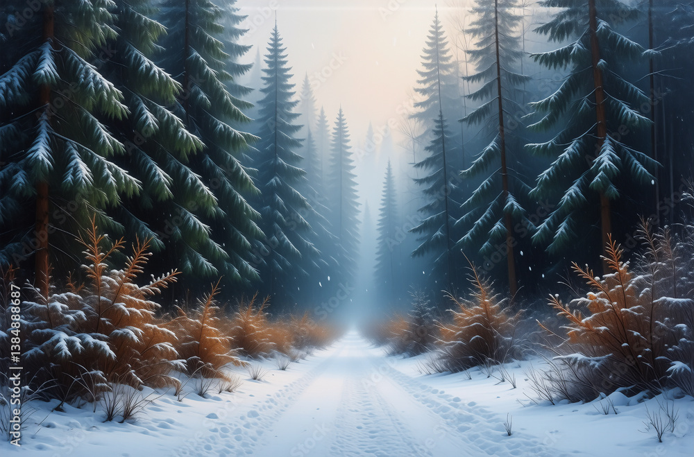 Poster A snow-covered path winds through a dense forest of evergreen trees, creating a serene and misty winter landscape. The scene evokes a sense of peaceful isolation in nature.