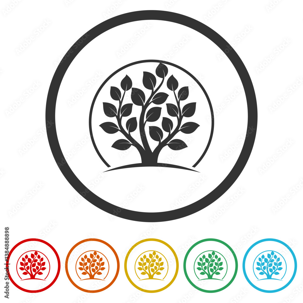Poster tree logo. set icons in color circle buttons
