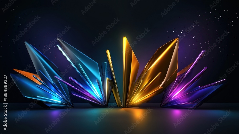 Aufkleber a vibrant, futuristic display of colorful geometric shapes resembling crystals, illuminated against 