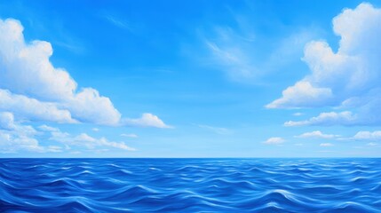 Obraz premium A serene seascape featuring a vast blue ocean under a bright sky filled with fluffy white clouds.