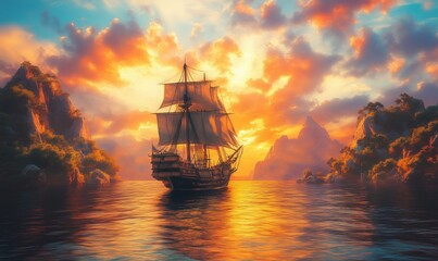 Obraz premium Majestic sailing ship at sunset surrounded by mountains and calm waters