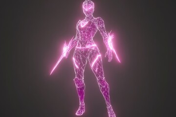 A glowing wireframe of an anime warrior girl with intricate details, showcasing a futuristic and digital art concept.