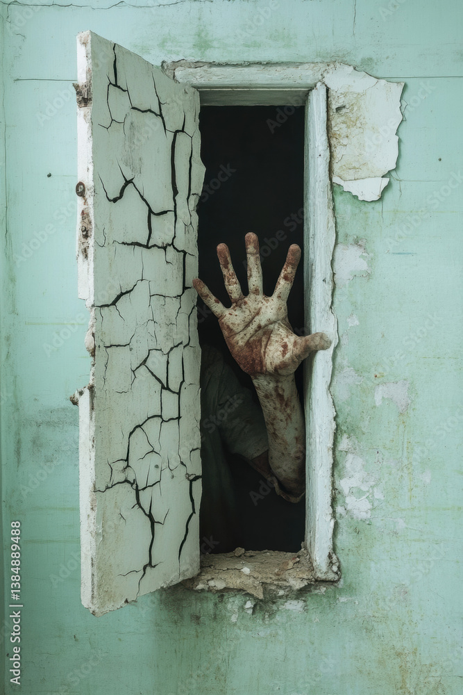 Poster fear-terror ,grunge, a shadow distorts as it creeps up a wall, creating a high-fidelity artistic ima
