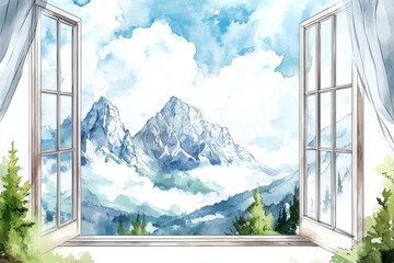 A serene watercolor scene of mountains viewed through an open window, framed by lush greenery and a blue sky filled with clouds.
