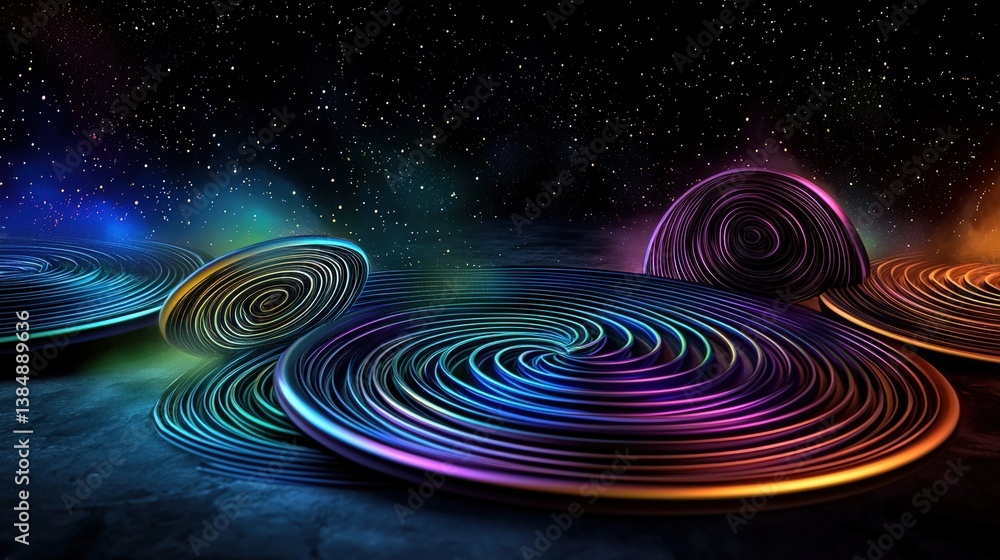 Poster a vibrant, abstract image featuring swirling, colorful patterns against a dark, starry backdrop, cre