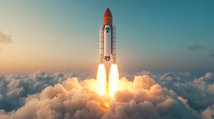 Rocket Launching Into Sky with Bright Flames and Dramatic Clouds at Dawn