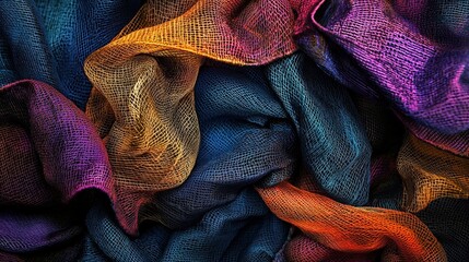 A vibrant collection of colorful, textured fabric layers, showcasing intricate patterns and rich hues blending together beautifully.