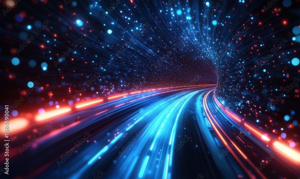 Poster colorful light tunnel with dynamic motion and glowing particles in abstract design
