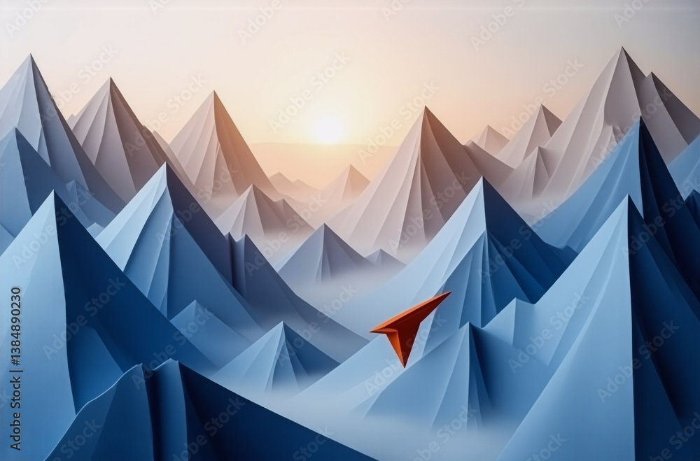 Poster angular mountain peaks in blue and grey tones beneath a bright sky. a contrasting red, arrow-like fo