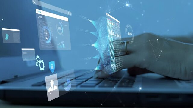 woman analyst uses a computer AI artificial intelligence and dashboard for data business analysis and Data Management System with KPI and metrics connected to the database for technology finance,