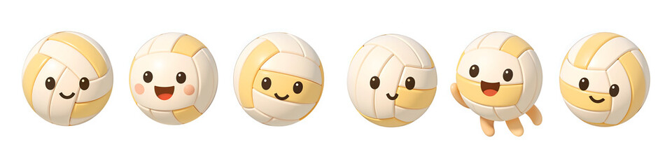 Volleyball Team: Cute cartoon volleyballs with joyful expressions in a line, embodying teamwork, sportsmanship, and the spirit of play.