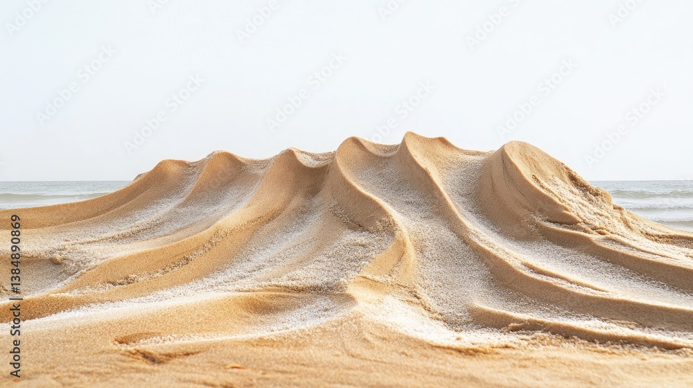 Poster undulating sand dunes at the seashore with gentle waves in the background captured in soft light