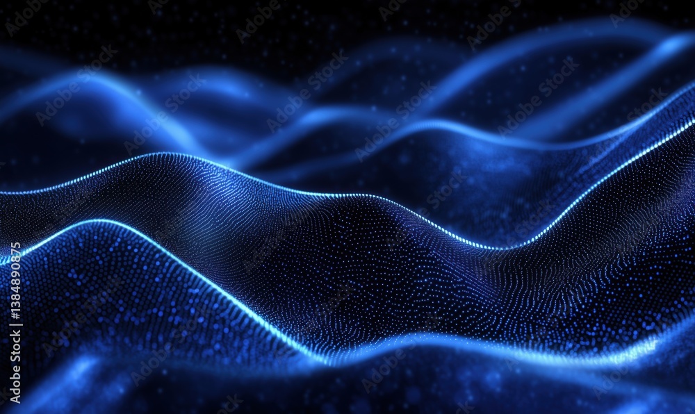 Poster abstract blue wave patterns with glowing particles in dark background