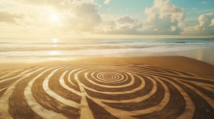 Intricate Sand Spiral Design on Tranquil Beach at Sunrise with Golden Light Reflecting on Calm Waves