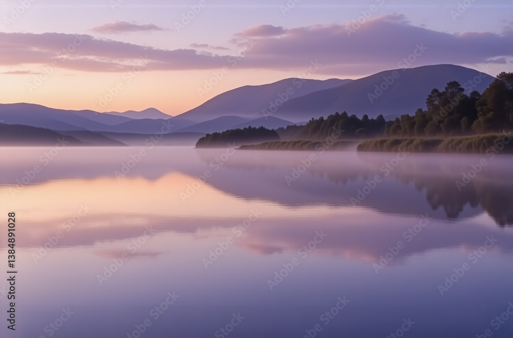 Poster a tranquil landscape featuring a still lake mirroring distant mountains and trees at dawn, bathed in