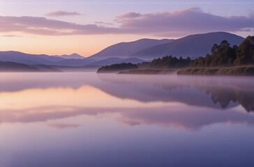 Fototapeta premium A tranquil landscape featuring a still lake mirroring distant mountains and trees at dawn, bathed in soft hues of purple and orange with a gentle mist.