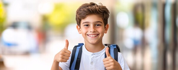 Handsome boy with backpack showing thumbs up gesture