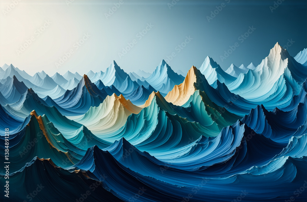 Poster abstract waves in blue and yellow hues create a mountain-like landscape. textured surface shows dept