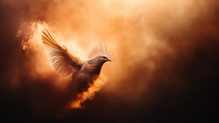 A dramatic image of a bird lifting off amidst a cloud of dust, representing freedom, hope, and new beginnings with a stunning backdrop of warm colors.