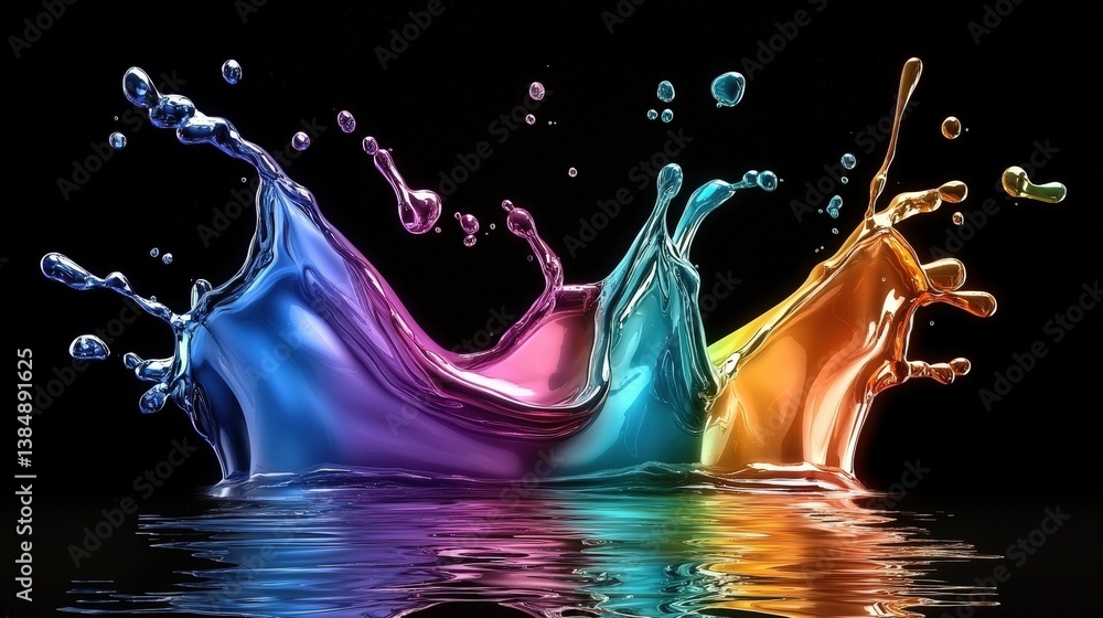 Poster a vibrant splash of colorful liquid against a dark background, creating an eye-catching visual effec