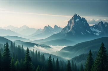 Obraz premium Mist-shrouded mountain peaks rise above rolling hills and dense evergreen forests under a bright, clear sky. A serene and majestic landscape.