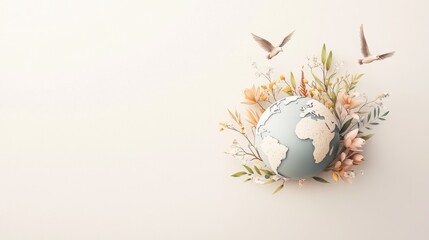 A decorative globe surrounded by flowers and birds, symbolizing nature and global harmony.