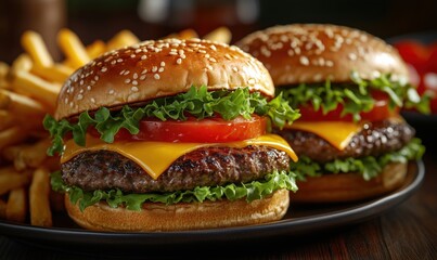 Delicious cheeseburgers with fresh lettuce, tomatoes, and crispy fries on a plate