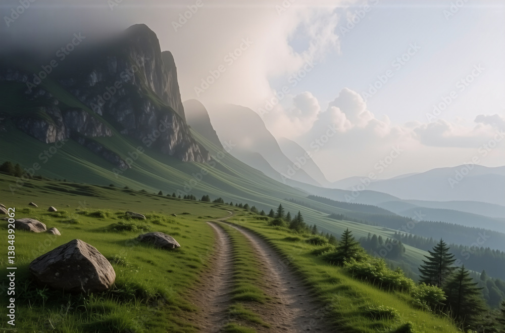 Poster A winding path leads through lush green hills towards majestic mountains shrouded in soft clouds, creating a serene and peaceful natural landscape under a bright sky.