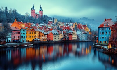 Obraz premium Colorful riverside town with historic buildings and reflections in water during winter